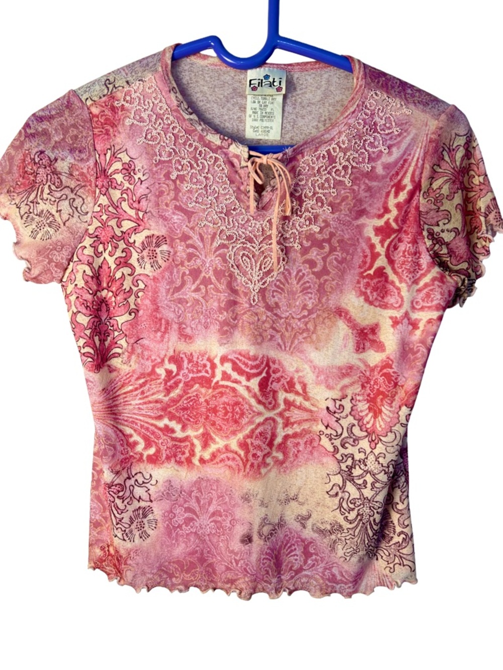 VTG Filati Y2K Pink Ornate Beaded Fairy Core Top Ruffle Lettuce Edge Large